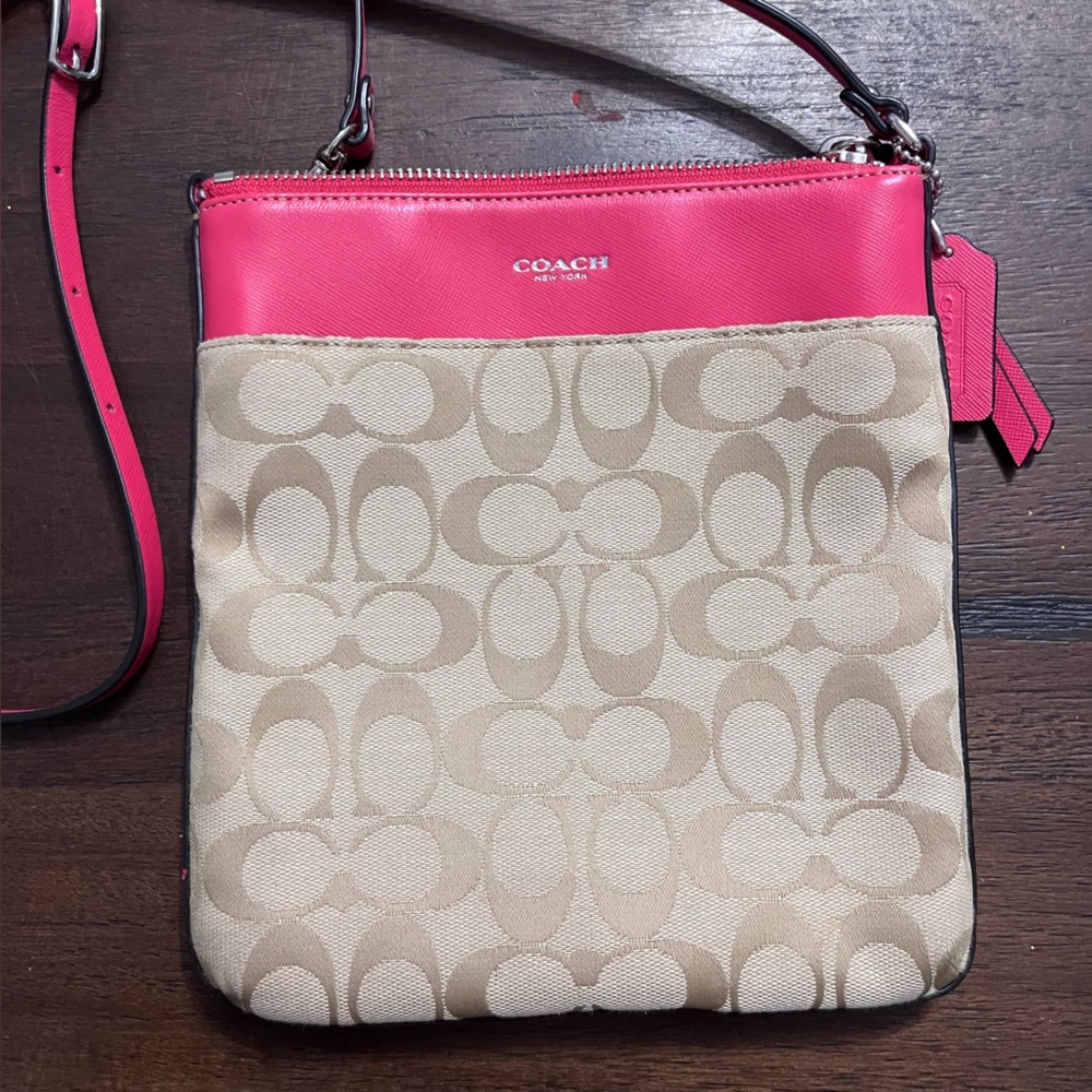 Coach Beige Signature Crossbody with Hot Pink Trim